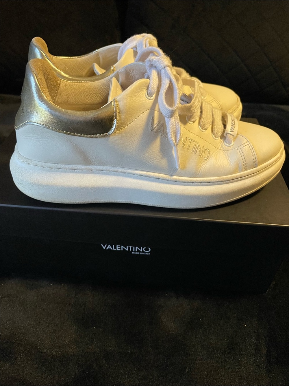 Authentic Mario Valentino White Leather Sneakers with Gold Heel